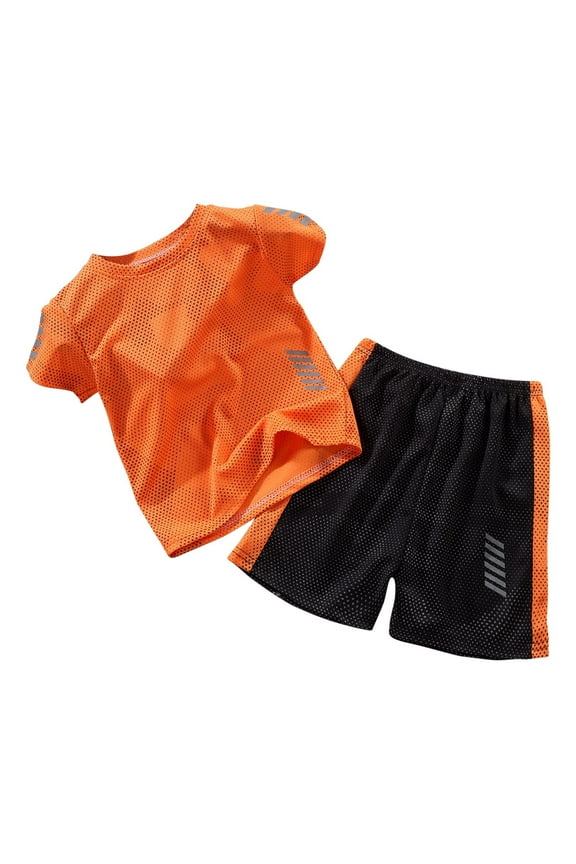 Zwiiyzr Boys' Sport Shorts Set 2 Piece T-Shirt and Gym Shorts Breathable Activewear Clothing Set for Boys 7-15 Years Orange