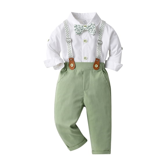 Zwiiyzr Boys and Girls Baby Clothes Gentleman Outfits Suits Infant Long Sleeve Shirts + Suspender Pants + Bowtie 0-4 Years Green