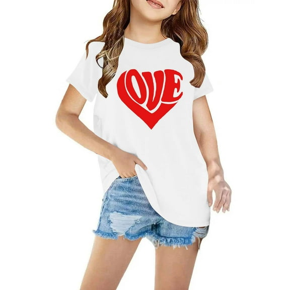 Zwiiyzr Boys and Girls Christmas Shirts Fashion Cute Heart Printed Casual Short Sleeve Crewneck Cotton Top 3-10 Years White