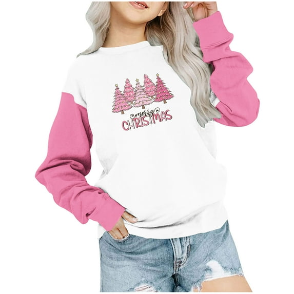 Zwiiyzr Christmas Girls Crewneck Oversized Sweatshirt Floral Printed Kids Fashion Long Sleeve Pullover Tops 1-12 Years Pink