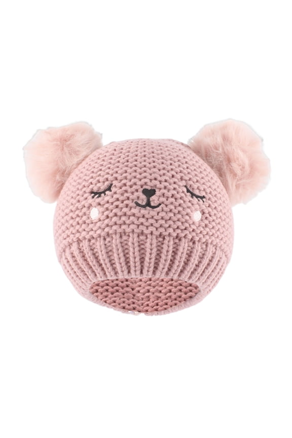 Zwiiyzr Cute Bear Baby Beanie Pompom Baby Boys Fleece Lined Hat Infant Toddler Winter Knitted Beanies for Girls Boys 0-3 Years Pink