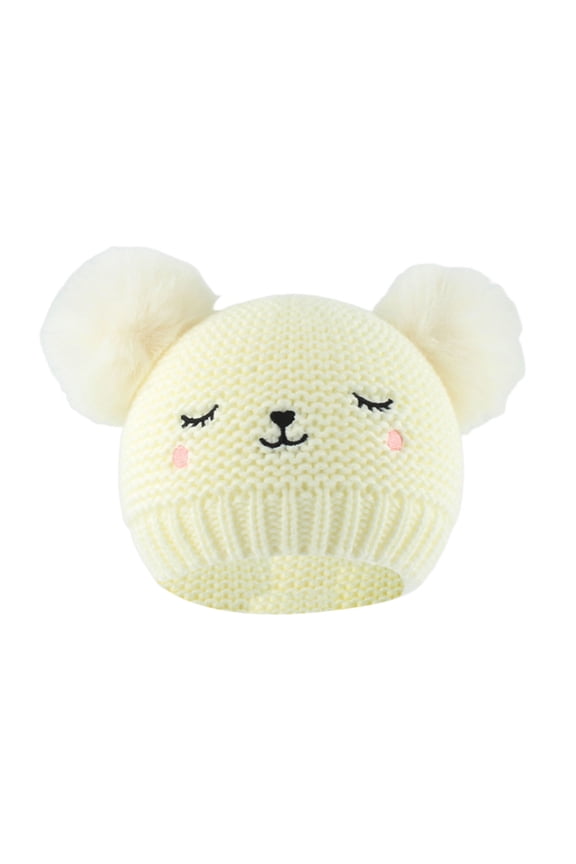 Cute Bear Baby Beanie Pompom Baby Boys Fleece Lined Hat Infant Toddler Winter Knitted Beanies for Girls Boys 0-3 Years White