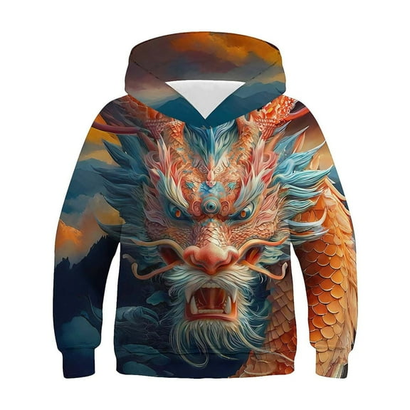 Zwiiyzr Dragon Teen Kids Hoodie Sweatshirt for Boys Long Sleeve Patterned Sweatshirt Hooded Shirt 4-14 Years Beige