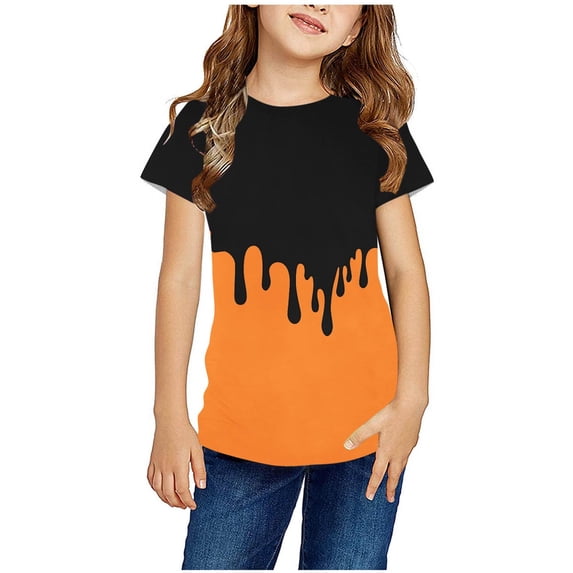 Zwiiyzr 2024 Dropping Ink Print T-Shirt For Kids Round Neck Short Sleeve Shirts for Boys Girls Orange-3-4 Years