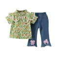 thumbnail image 1 of Zwiiyzr 2025 Girl 2Pcs Clothes Spring Summer Outfits Flower Print Casual Doll Collared Short Sleeve Shirts And Jeans Sets for Toddler Green, 1 of 9