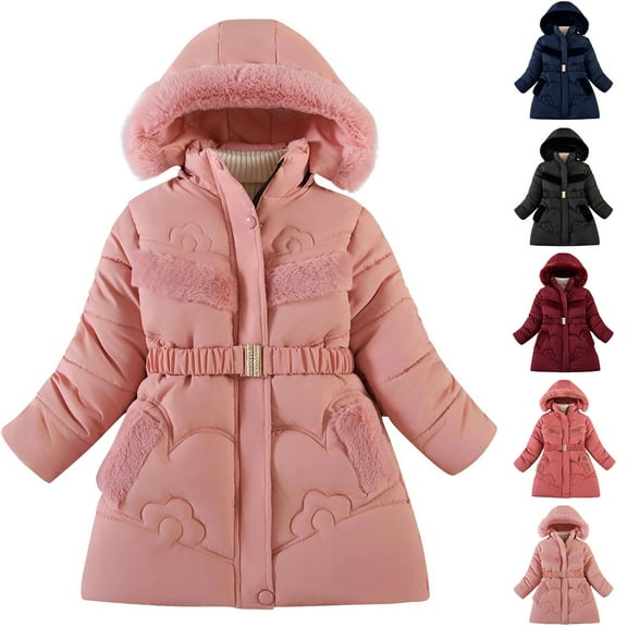Zwiiyzr Girl's Fleece Lined Long Coat Waterproof Winter Jacket Detachable Hat Kids Outerwear Warm Parka Jacket Solid Color Winter Coat 5-12 Years Black