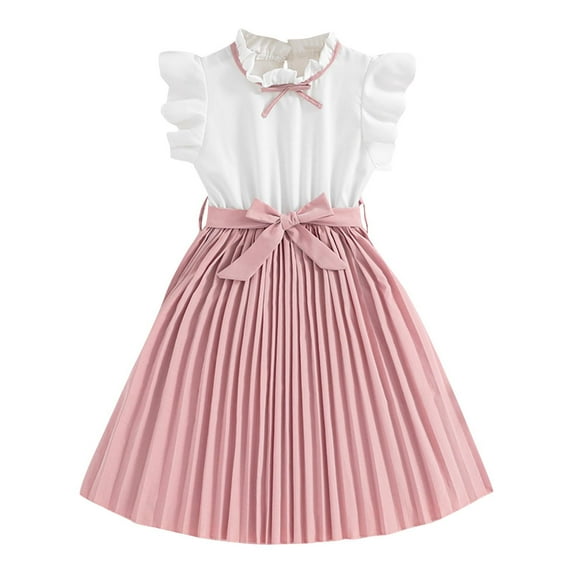 Zwiiyzr 2025 Girl's Summer Dresses Ruffle Cap Sleeve Pleated Dress High Waisted A Line Bow Ruffle Dress With Belt Pink