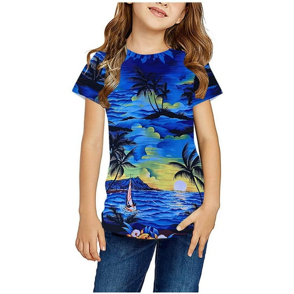 Zwiiyzr Girls & Boys Hawaiian Shirt Short Sleeve Round Neck Tropical Holiday Summer Beach Shirts And Tops Blue-13-14 Years