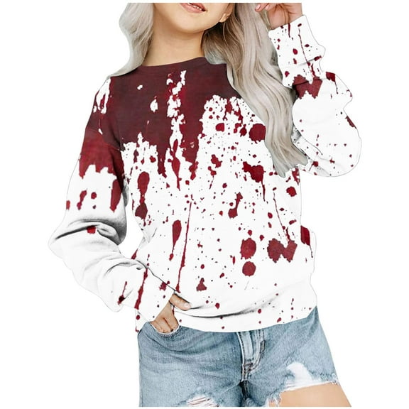 Zwiiyzr Girls Boys Sweatshirts Halloween Printed Long Sleeve Round Neck Pullover Top Suitable for Boys and Girls Aged 1-12 Years Red