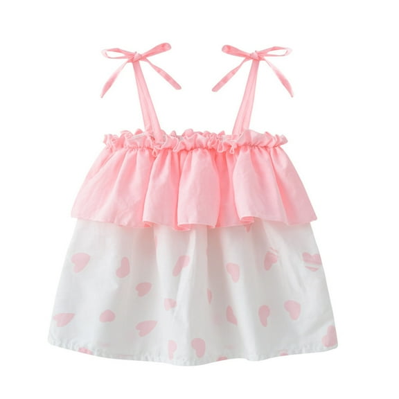 Zwiiyzr 2025 Girls Camisole Tops Heart Print Bow Tie Shoulder Spaghetti Strap Sleeveless Ruffle Hem Tank Tops for 1-5 Years Pink