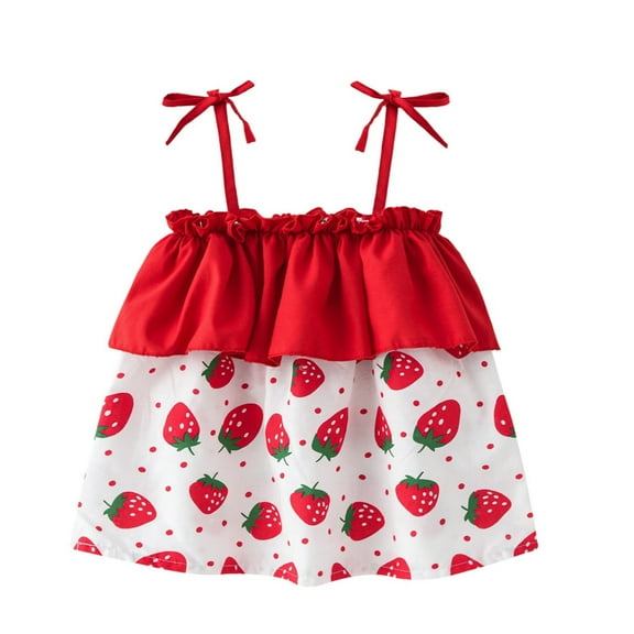 Zwiiyzr 2025 Girls Camisole Tops Heart Print Bow Tie Shoulder Spaghetti Strap Sleeveless Ruffle Hem Tank Tops for 1-5 Years Red