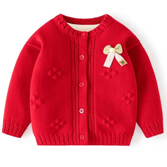 Zwiiyzr Girls' Cardigan Sweater Long Sleeve Jacquard Cable-Knit Round Neck Button Down Cute Knit Cardigan Fall Baby Clothes 0-3T Red