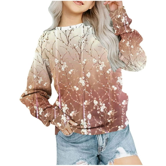 Zwiiyzr Girls Crewneck Oversized Sweatshirt Kids Multi-Color Fashion Long Sleeve Pullover Tops Toddler Kids 1-12 Years Brown