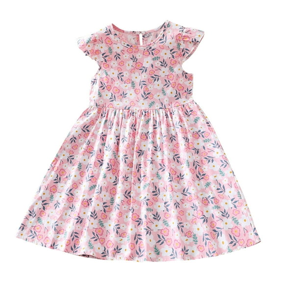 Zwiiyzr Girls Dress Flutter Sleeve A-Line Sundress Casual Midi Dresses for 3-10 Years Kids Pink
