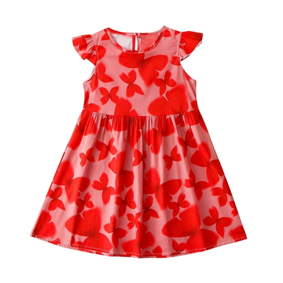 Zwiiyzr Girls Dress Flutter Sleeve A-Line Sundress Casual Midi Dresses for 3-10 Years Kids Red