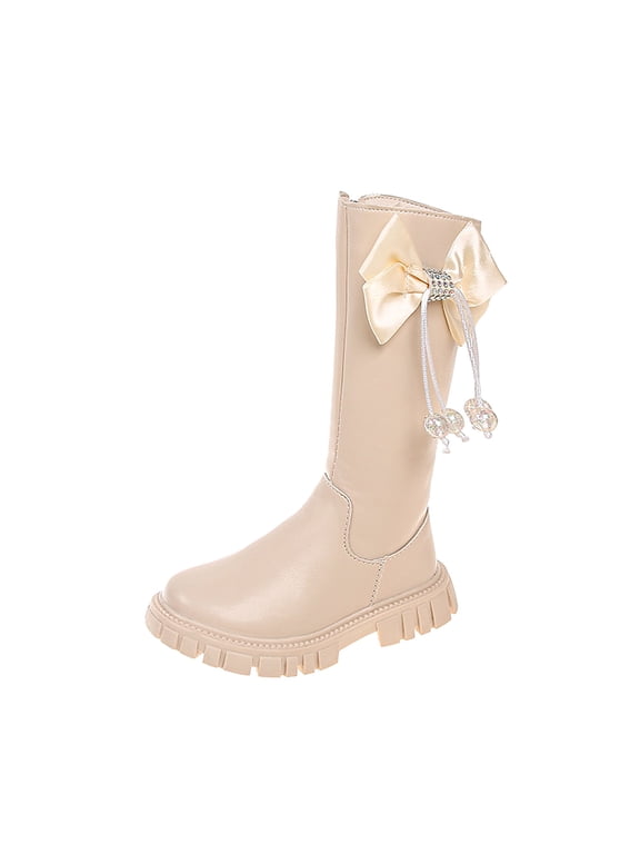 Girls Bow Knot Knee High Boots Faux Leather Winter Riding Boots for Toddler Kids