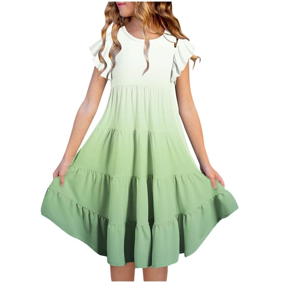 Zwiiyzr 2025 Girls Gradient Dress Flutter Sleeve Round Neck Tiered Midi Dress Flared A-Line Dress 6-15Y Green
