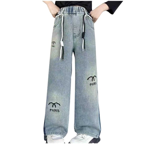 Zwiiyzr Girls Kids Heart Denim Pants Spring Fall Loose Wide Leg Jeans Casual Trousers for Toddler and Little Girls Denim Pants 5-13 Years Navy