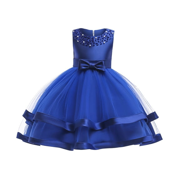 Zwiiyzr Girls Layered Tulle Twirl Dress Solid Color Pearl Net Yarn Bowknot Birthday Party Flowers Gown Kids Dresses for 3-8 Years Baby Clothes Blue