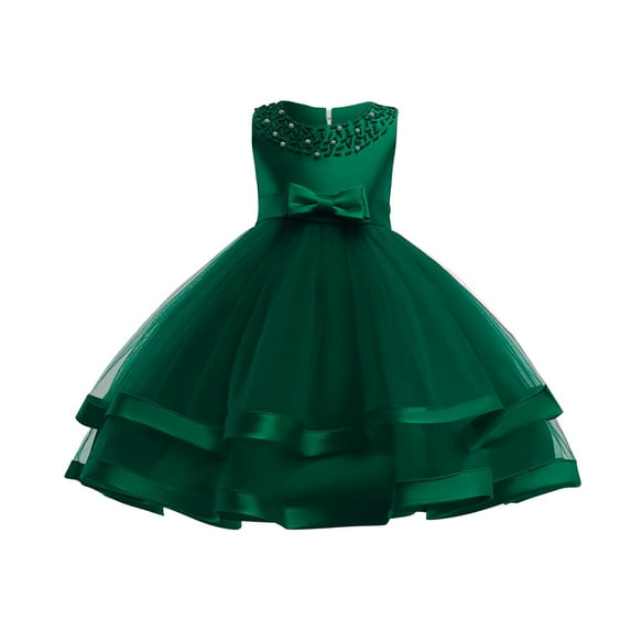 Zwiiyzr Girls Layered Tulle Twirl Dress Solid Color Pearl Net Yarn Bowknot Birthday Party Flowers Gown Kids Dresses for 3-8 Years Baby Clothes Green