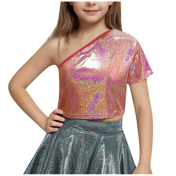 Zwiiyzr 2025 Girls One-Shoulder Sequins Dance Vest Short Sleeve Sparkle Crop Tops Performance Oufits for Kids 3-16 Years Red
