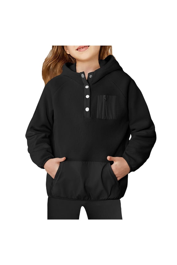 Lovskoo Girls Polar Fleece Pullover Hoodies Sweatshirt Casual Color Block Loose Outwear Coat With Pockets 5-14 Years Black