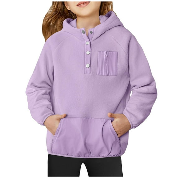Zwiiyzr 2025 Girls Polar Fleece Pullover Hoodies Sweatshirt Casual Color Block Loose Outwear Coat With Pockets 5-14 Years Purple