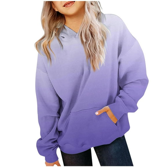 Zwiiyzr Girls Pullover Hoodies Sweatshirt Winter Fall Casual Gradient Color Loose Long Sleeve Outwear Coat With Pockets 2-14 Years Purple