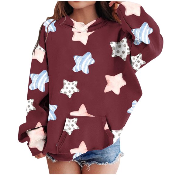 Zwiiyzr Girls Pullover Hoodies with Pocket Long Sleeve Printed Suitable for Aged 4-14 Years Hooded Sweatshirt Burgundy