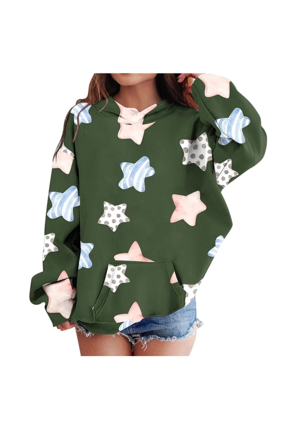 Girls Pullover Hoodies with Pocket Long Sleeve Printed Suitable for Aged 4-14 Years Hooded Sweatshirt Olive Green