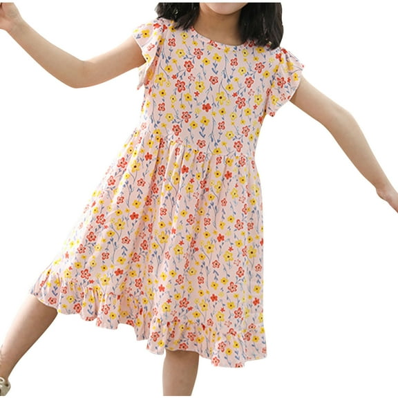 Zwiiyzr Girls Ruffled Dress Flutter Sleeve A-Line Sundress Casual Crewneck Midi Dresses for 3-10 Years Kids Orange