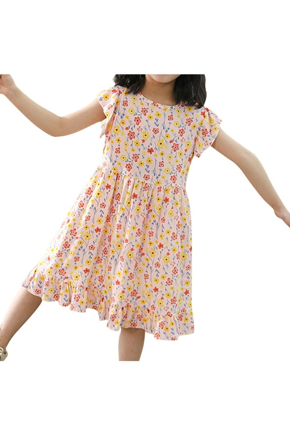 Girls Ruffled Dress Flutter Sleeve A-Line Sundress Casual Crewneck Midi Dresses for 3-10 Years Kids Orange