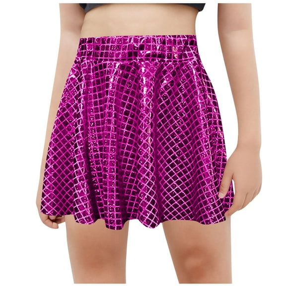 Zwiiyzr 2025 Girls Sequin Skirt Sparkle Glitter Shiny Pleated Skirts Dance Outfit Party Elastic Waist Skirts Size 4-14 Years Hot Pink
