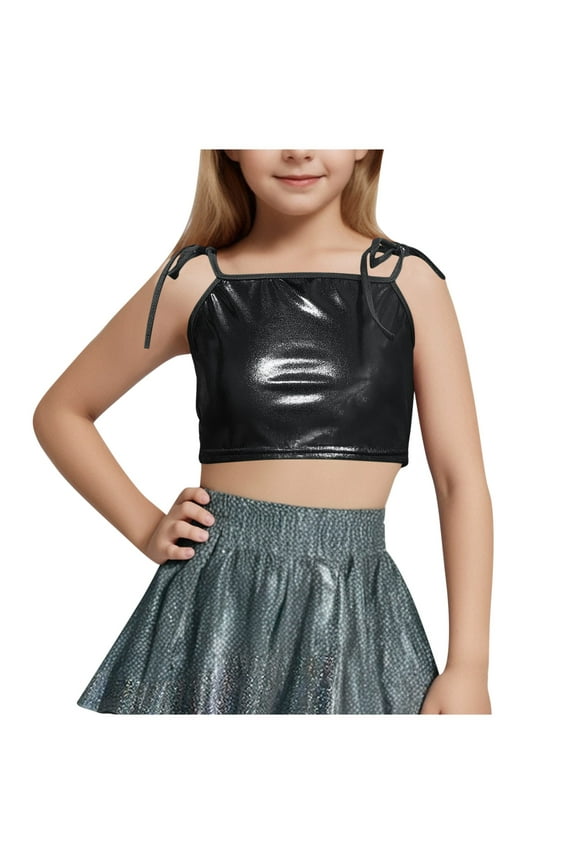2025 Girls Sequins Cami Vest Adjustable Strap Sparkle Crop Tank Tops Performance Dance Oufits for Kids 4-14 Years Black