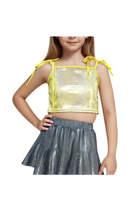 2025 Girls Sequins Cami Vest Adjustable Strap Sparkle Crop Tank Tops Performance Dance Oufits for Kids 4-14 Years Gold
