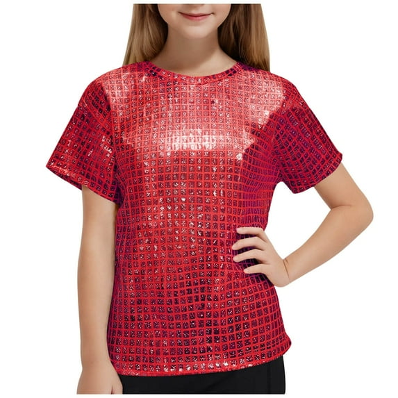 Zwiiyzr 2025 Girls Sequins Dance Tops Short Sleeve Sparkle Tops Performance Oufits for Kids 3-16 Years Red