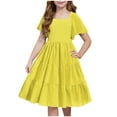 thumbnail image 1 of Zwiiyzr 2025 Girls Smocked Summer Dress Ruffle Short Sleeve Kids Square Neck A Line Flowy Sun Dresses 3-14 Years Yellow, 1 of 9