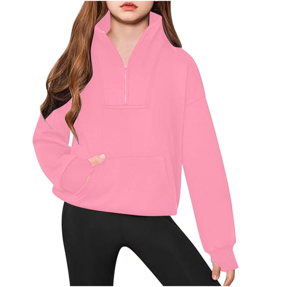 Zwiiyzr Girls' Sweatshirts Half Zipper Long Sleeve Solid Color Pullover Tops Kids Fleece Sweatshirts For 5-14 Years Hot Pink