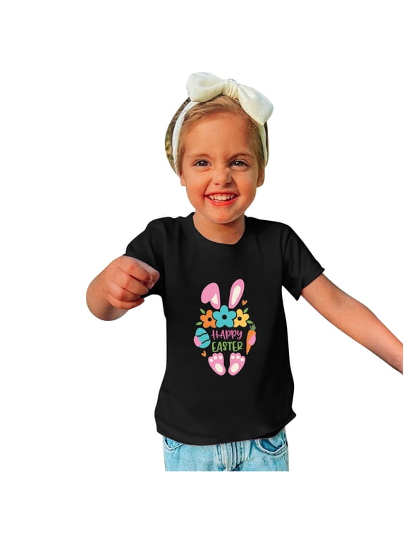 Happy Easter Day Cute Colorful Bunny Hunting T-Shirt for Kids Round Neck Short Sleeve Shirts for Boys Girls Black-4 Years