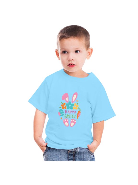 Happy Easter Day Cute Colorful Bunny Hunting T-Shirt for Kids Round Neck Short Sleeve Shirts for Boys Girls Sky Blue-4 Years