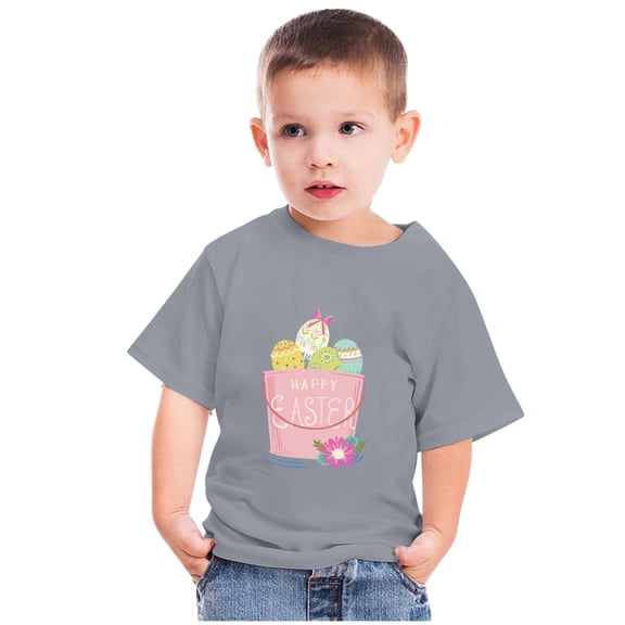 Zwiiyzr 2024 Happy Easter Day Cute Colorful Easter Eggs Hunting T-Shirt for Kids Round Neck Short Sleeve Shirts for Boys Girls Gray-7 Years