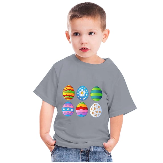 Zwiiyzr 2024 Happy Easter Day Cute Colorful Egg Hunting T-Shirt for Kids Round Neck Short Sleeve Shirts for Boys Girls Gray-3 Years