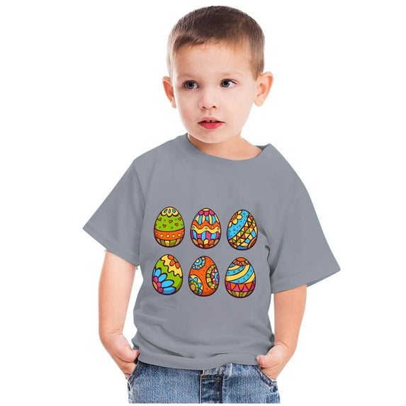 Zwiiyzr 2024 Happy Easter Day Cute Colorful Egg Hunting T-Shirt for Kids Round Neck Short Sleeve Shirts for Boys Girls Gray-4 Years