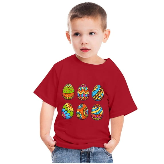Zwiiyzr 2024 Happy Easter Day Cute Colorful Egg Hunting T-Shirt for Kids Round Neck Short Sleeve Shirts for Boys Girls Red-4 Years