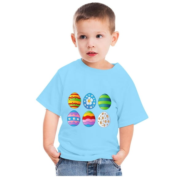 Zwiiyzr 2024 Happy Easter Day Cute Colorful Egg Hunting T-Shirt for Kids Round Neck Short Sleeve Shirts for Boys Girls Sky Blue-4 Years