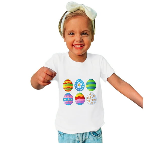 Zwiiyzr 2024 Happy Easter Day Cute Colorful Egg Hunting T-Shirt for Kids Round Neck Short Sleeve Shirts for Boys Girls White-3 Years