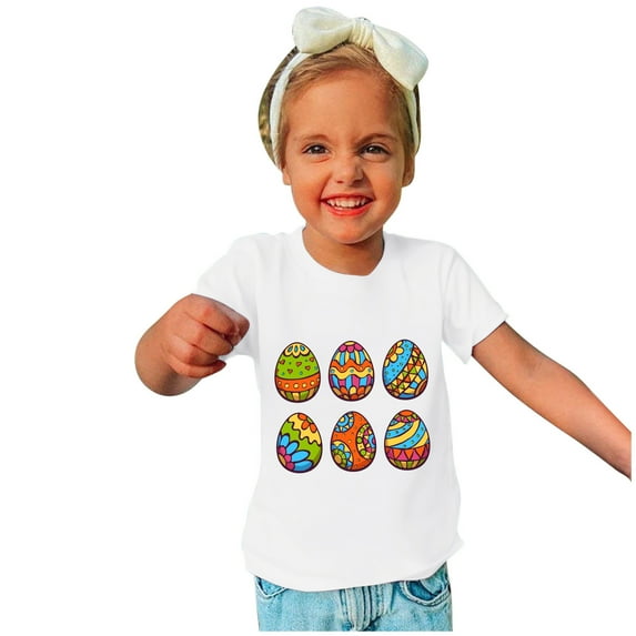 Zwiiyzr 2024 Happy Easter Day Cute Colorful Egg Hunting T-Shirt for Kids Round Neck Short Sleeve Shirts for Boys Girls White-5 Years