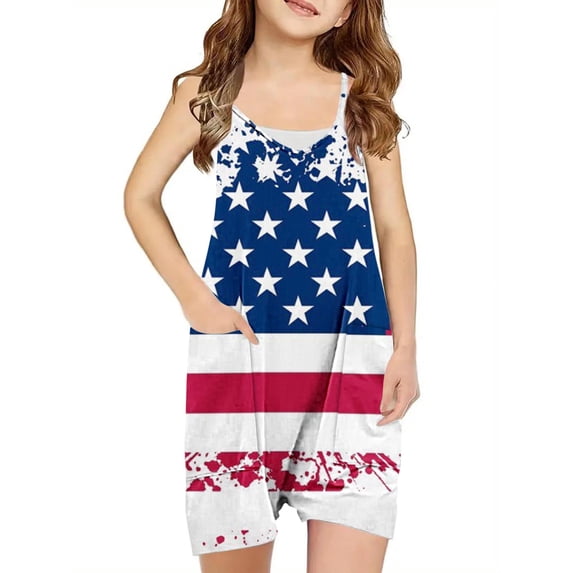 Zwiiyzr 2024 Independence Day Girls' Jumpsuits & Rompers Summer Sleeveless Casual Romper Spaghetti Strap Shorts Overalls with Pockets Size 5-14 Years Blue-E