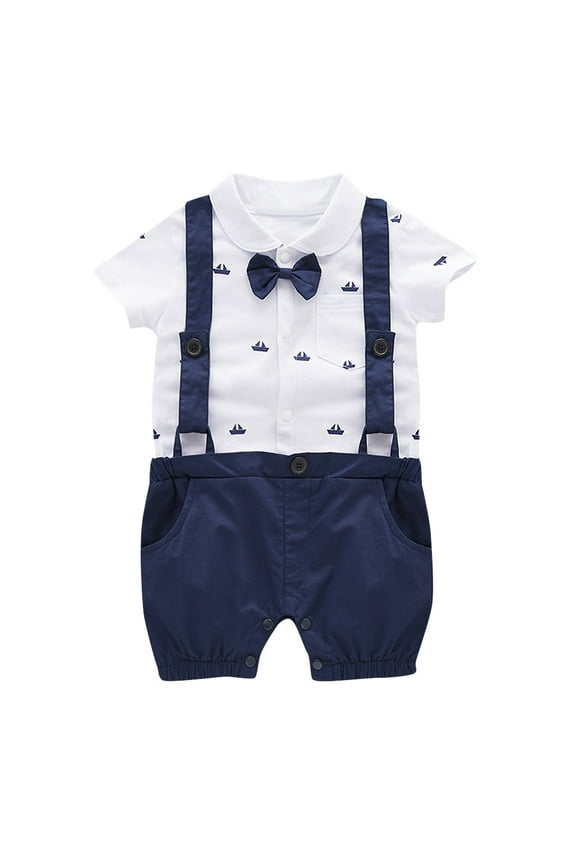 Infant Baby Boy Formal Suit Gentleman Bowtie Romper Suspenders Shorts Wedding Tuxedo Outfit Cake Christening Clothes Short Sleeve Jumpsuit Baby Clothes White