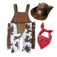 thumbnail image 1 of Zwiiyzr Infant Baby Boy Girl Clothes Western Cowboy Suit Suspenders Jumpsuit Climbing Suit with Red Scarf Hat Three Piece Outfits Long Sleeve Onesie Brown, 1 of 6